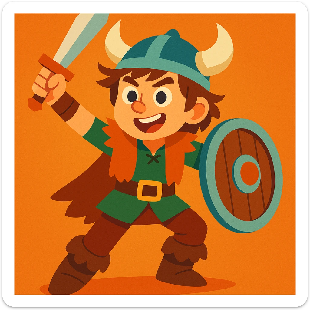 young Viking boy from How to Train Your Dragon, brown hair, wearing Viking attire, friendly and brave, dynamic pose, vibrant animated style sticker