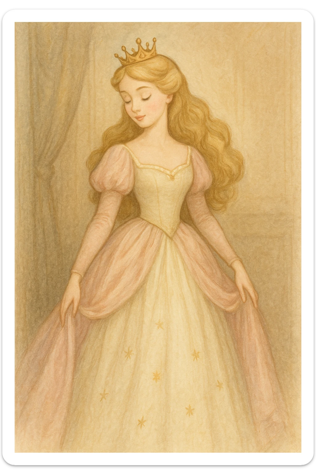 princess in a classic fairytale style, elegant dress, crown, soft colors sticker