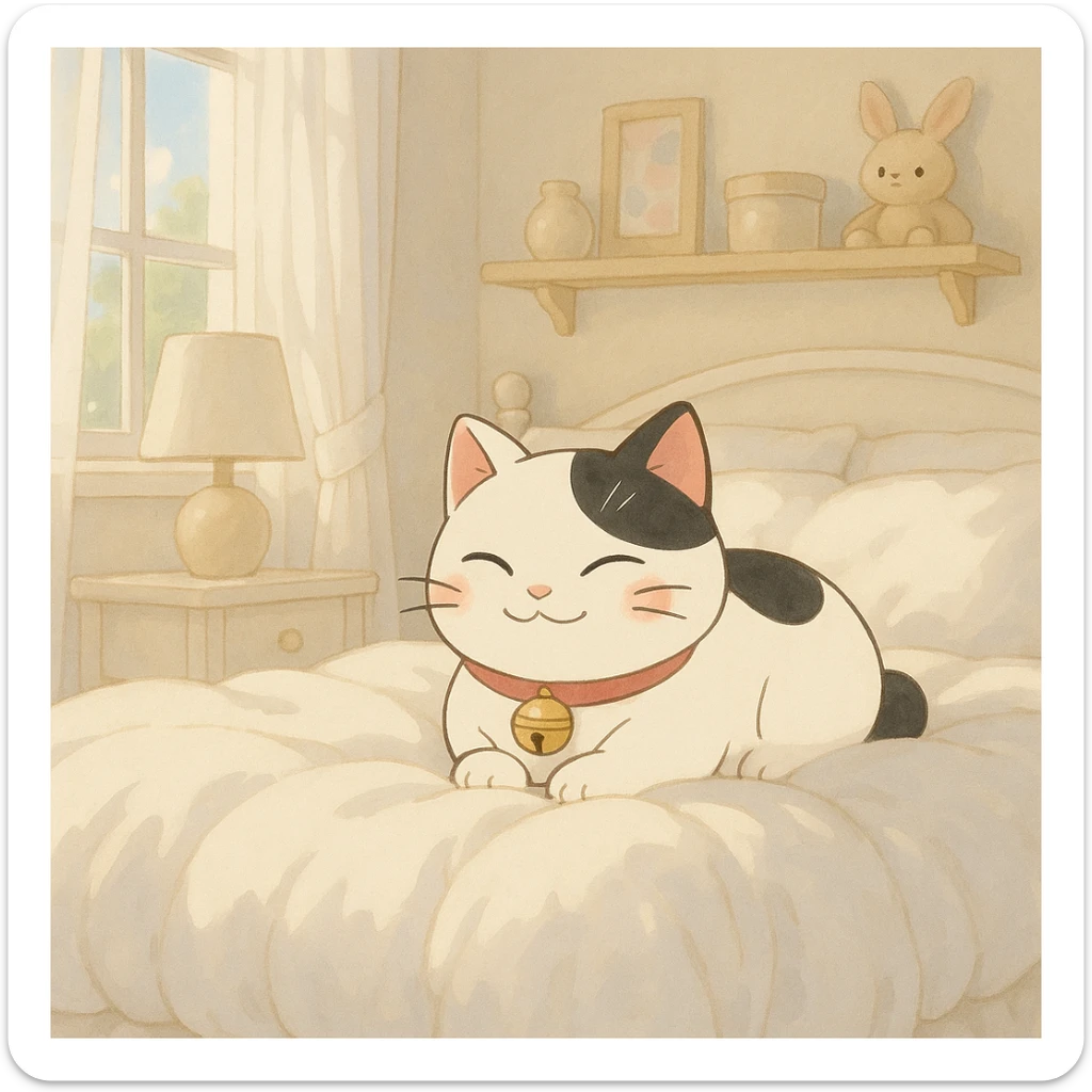 White and black Chinese lucky cat in a cozy on a soft puffy white duvet covered bed in bright white and clean girl aesthetic bedroom, kawaii  sticker