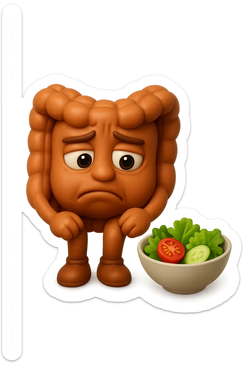 EMOJI STILE IPHONE DI UN INTESTINO UMANO ANATOMICO CHE GUARDA UN INSALATA CON ESPRESSIONE TRISTE E RASSEGNATA IN VOLTO: SOFFRE LA FAME PERCHé è A DIETA, FAGLI ANCHE LA PARTE BIANCA DEGLI OCCHI, NON SOLO LE PUPILLE, IPERREALISTICO 4K sticker