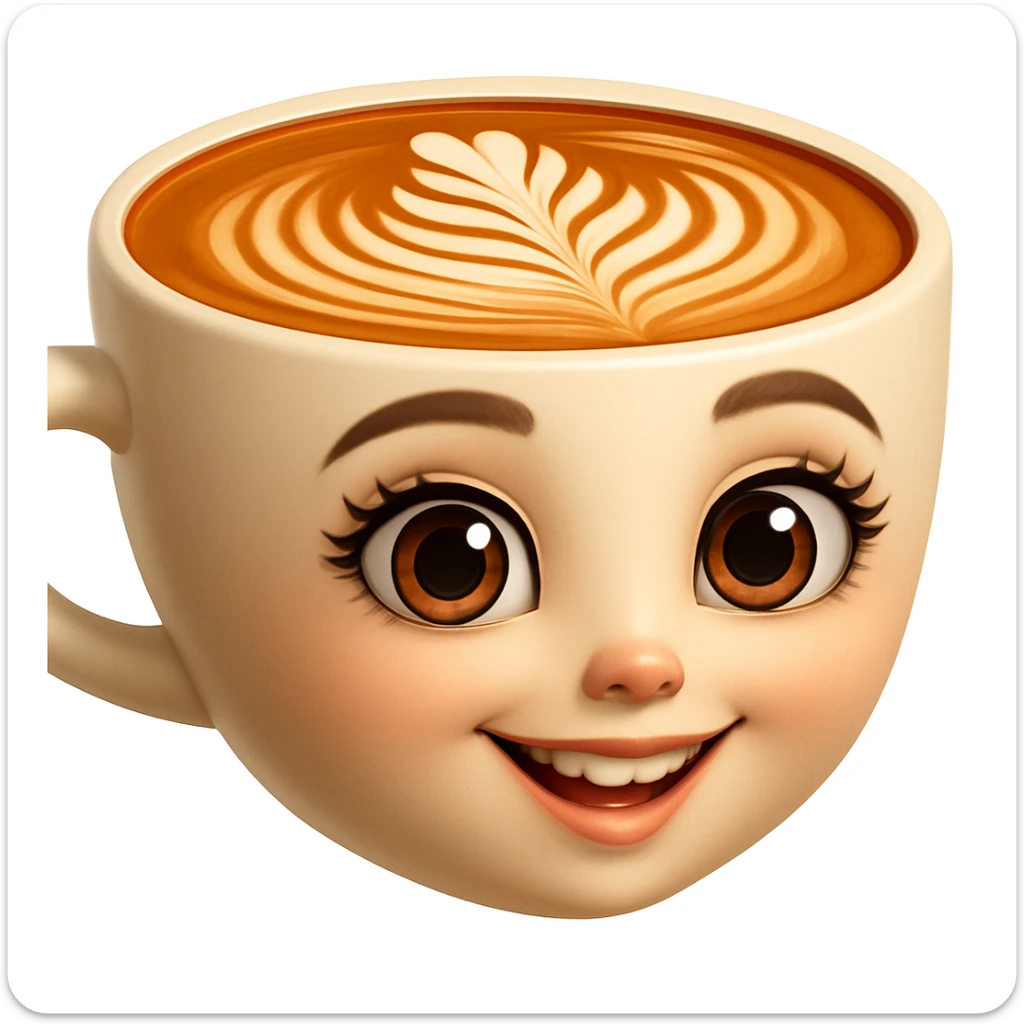 Edita la imagen para que el personaje de la taza de café  MANTENGA exactamente su estilo original,  y colores según la imagen de referencia. ELIMINA FONDO PARA QUE QUEDE TIPO EMOJI NO DBE TENER CUELLO. sticker