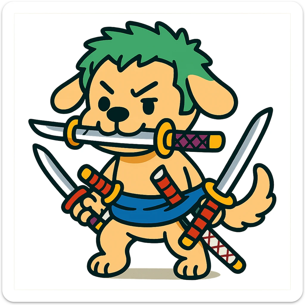 cute dog cosplaying Zoro, green hair, three swords, blue sash, cartoon style sticker