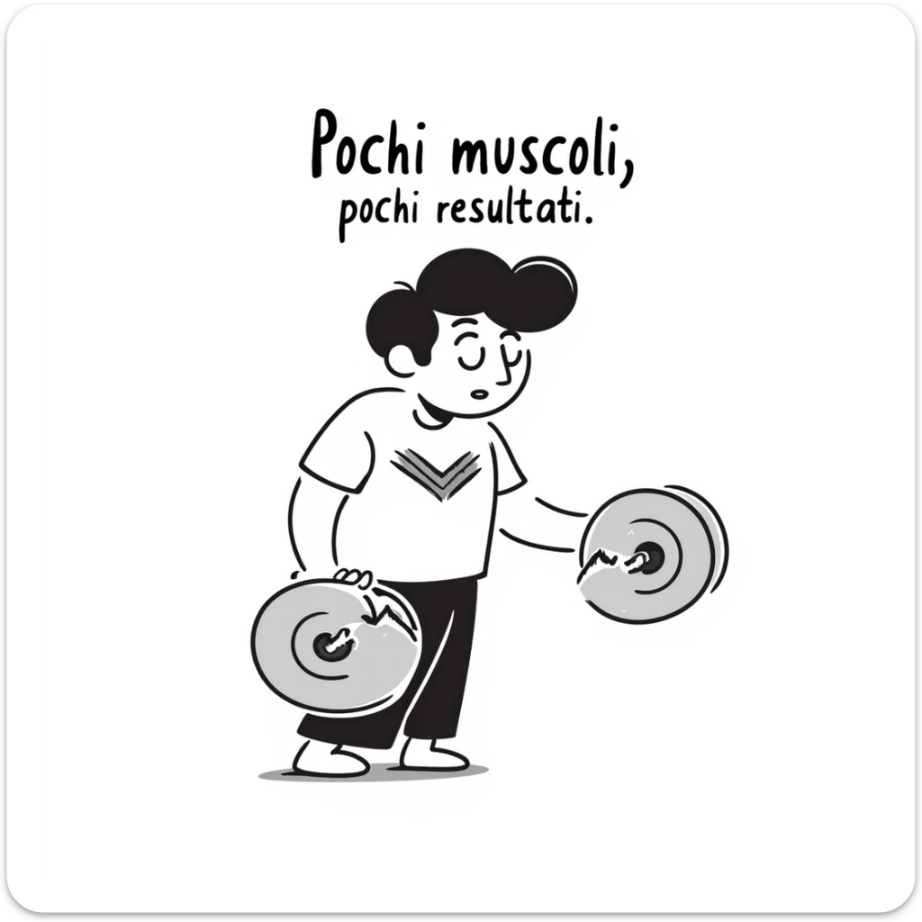 Uomo che si allena con i pesi ma solleva carichi leggeri, muscoli poco visibili, espressione scoraggiata, testo in italiano: “Pochi muscoli, pochi risultati”. sticker