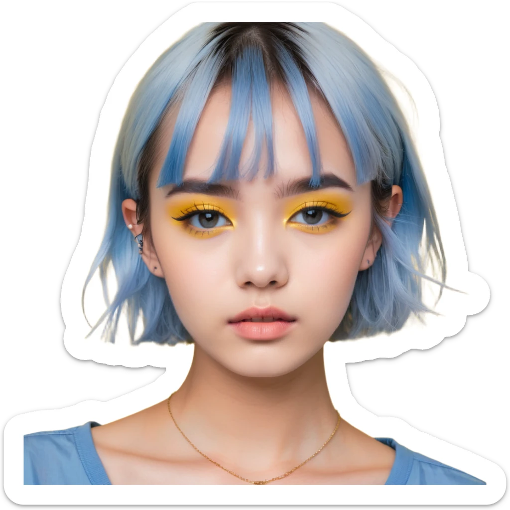 profile picture of a 22-year-old girl with short hair, cool tone makeup, blue shirt sticker