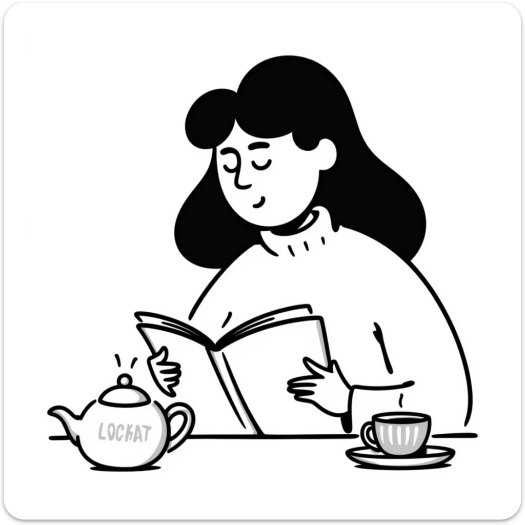 A person comfortably reading a book with a cup of tea nearby sticker