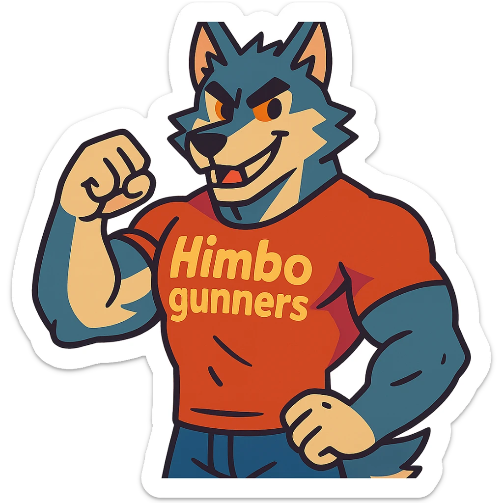 muscular wolf furry wearing a t-shirt that says 'Himbo gunners' sticker