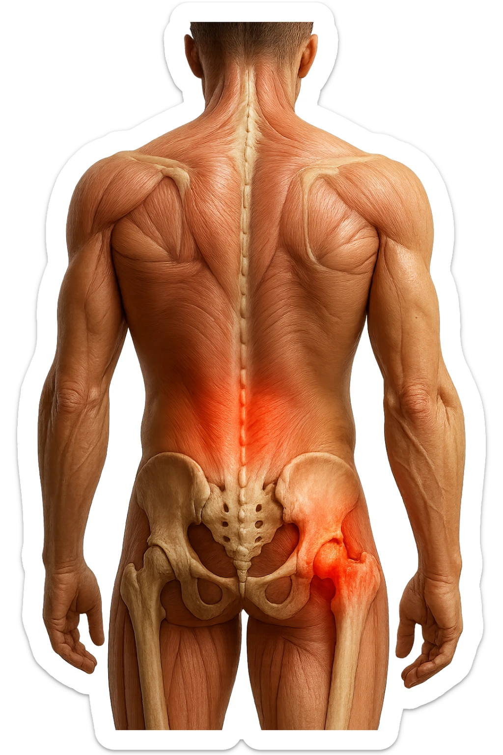 CORPO UMANO ANATOMICO REALISTICO DI SPALLE CON DOLORE ALLA LOMBARE INFIAMMATA, DOLORE ALL'ANCA, IPERREALISTICO 4K sticker