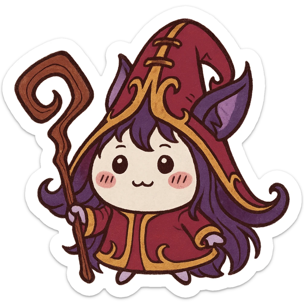 Chiikawa character dressed as Lulu from League of Legends, wearing Lulu's signature hat and holding her staff, whimsical and magical style sticker