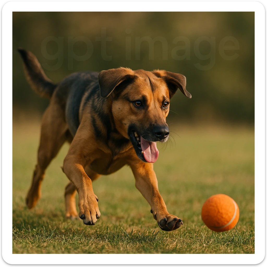  logo with text "gpt image" on the background of a dog chasing ball, realistic image sticker