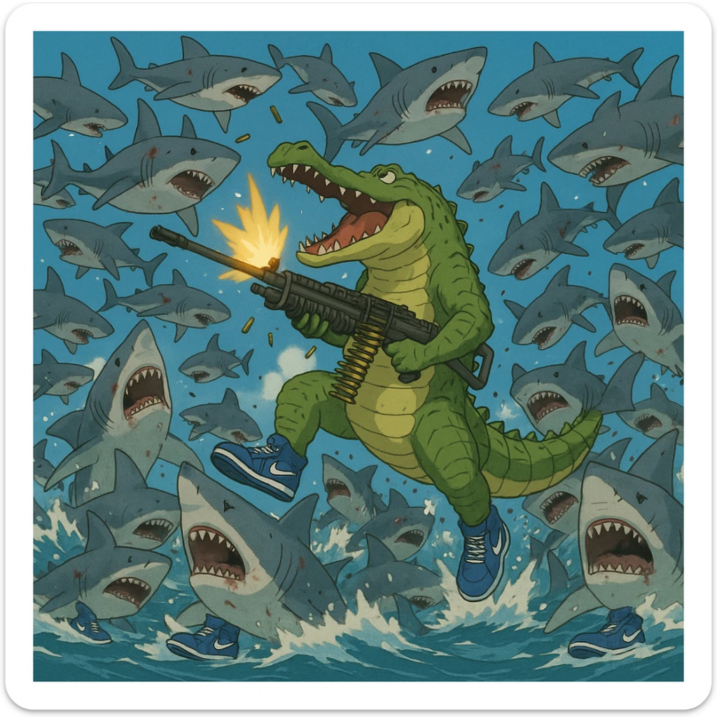 1 crocodile take m60 vs 20,000 shark They wear shoes Nike blue and crocodile killing all sharks  shoes Nike blue and crocodile wins sticker