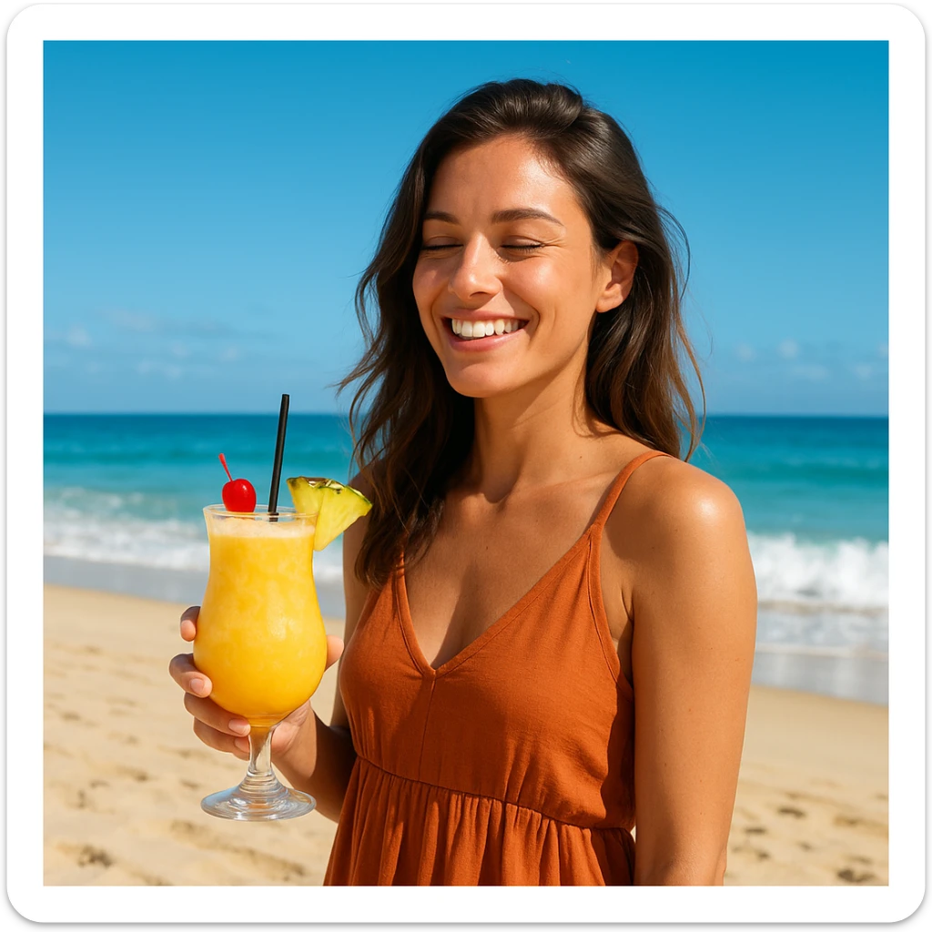 take this picture of a woman and make it  beach photo with drink sticker