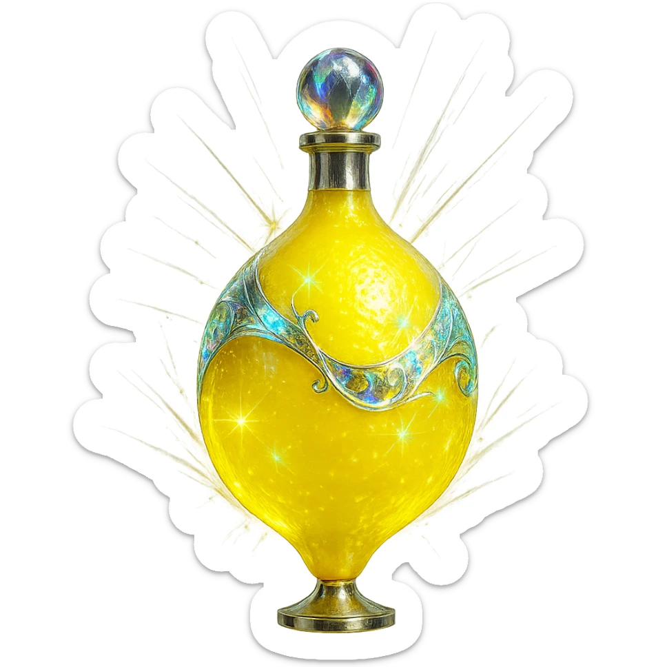 modernus prabangus eliksyro buteliukas, citrinos forma, ryški geltona spalva, holografiniai ir sidabriniai ornamentai, stiprūs magiški švytėjimai ir efektai, labai mažas kaklelis, skaidrus fonas, vientisas dugnas, be šešėlio, plūduriuoja ore, kolekcijos stilius sticker