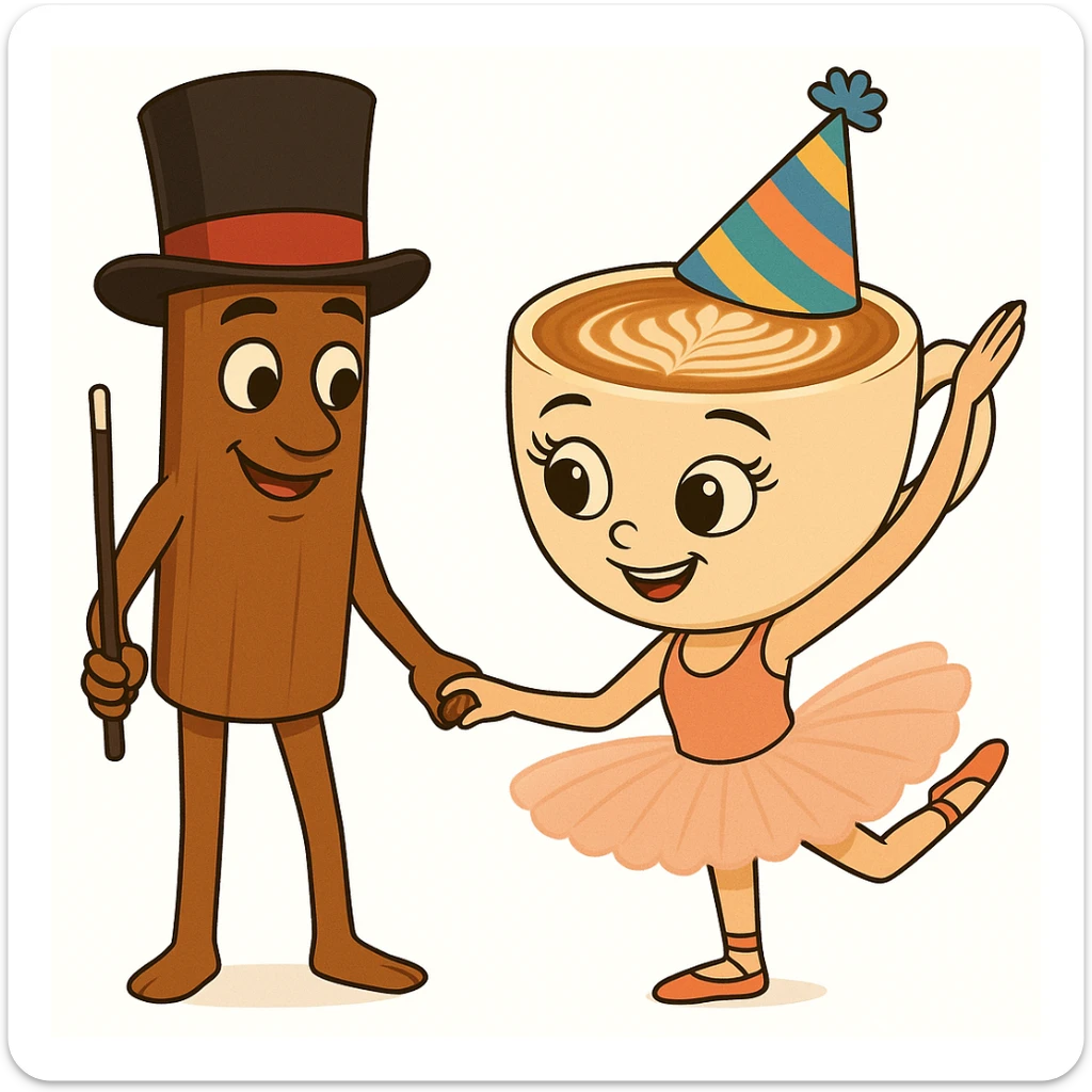 Add a party hat to the coffee cup character and a magician's hat to the cinnamon stick character in the same quality and style as the original image. sticker