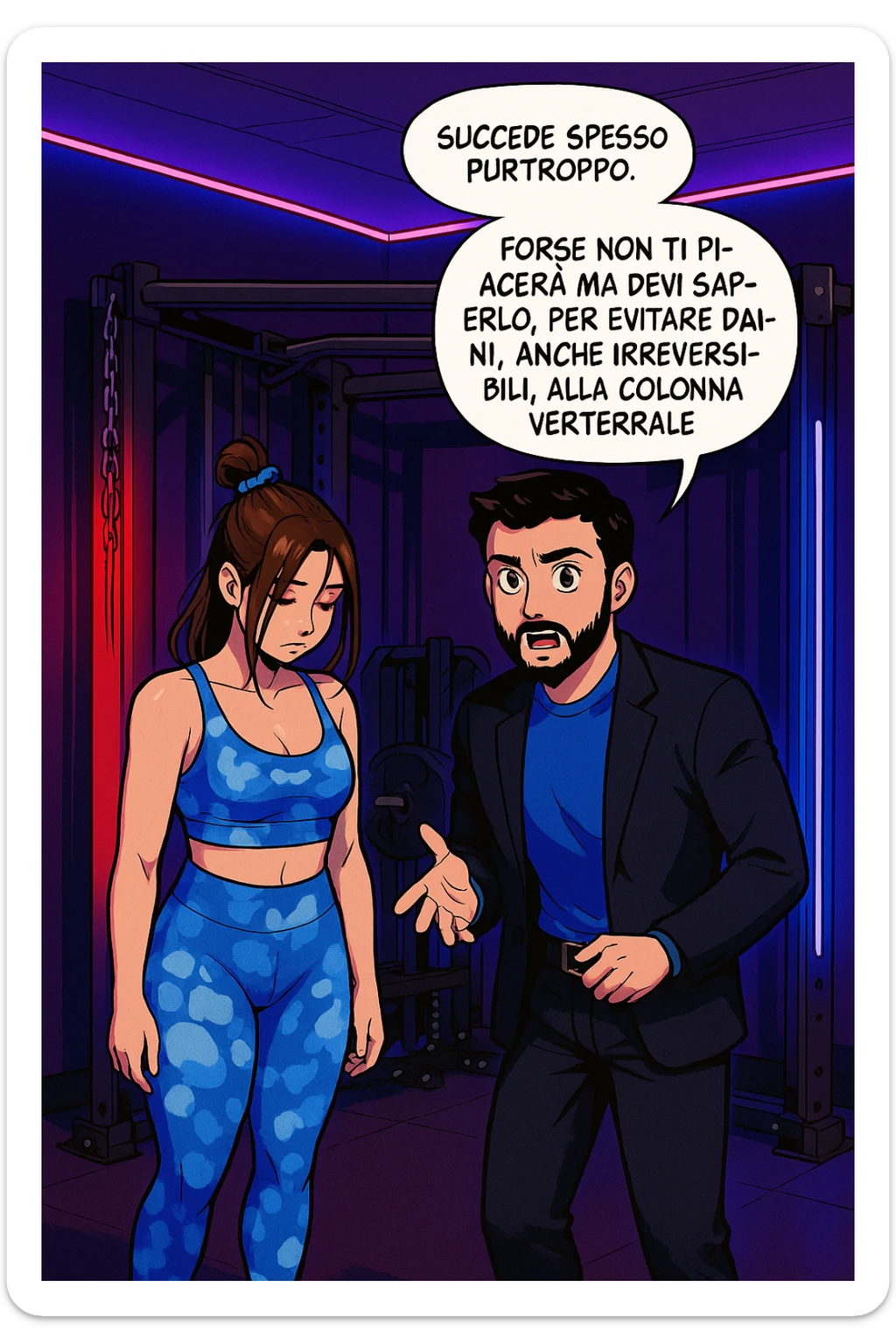 fai questa immagine in versione fumetto/manga/webtoon a colori, il manga mostra l'uomo che risponde alla donne:
Succede spesso purtroppo. 
Forse non ti piacerà ma devi saperlo, per evitare danni, anche irreversibili, alla colonna vertebrale e un potenziale intervento chirurgico. sticker