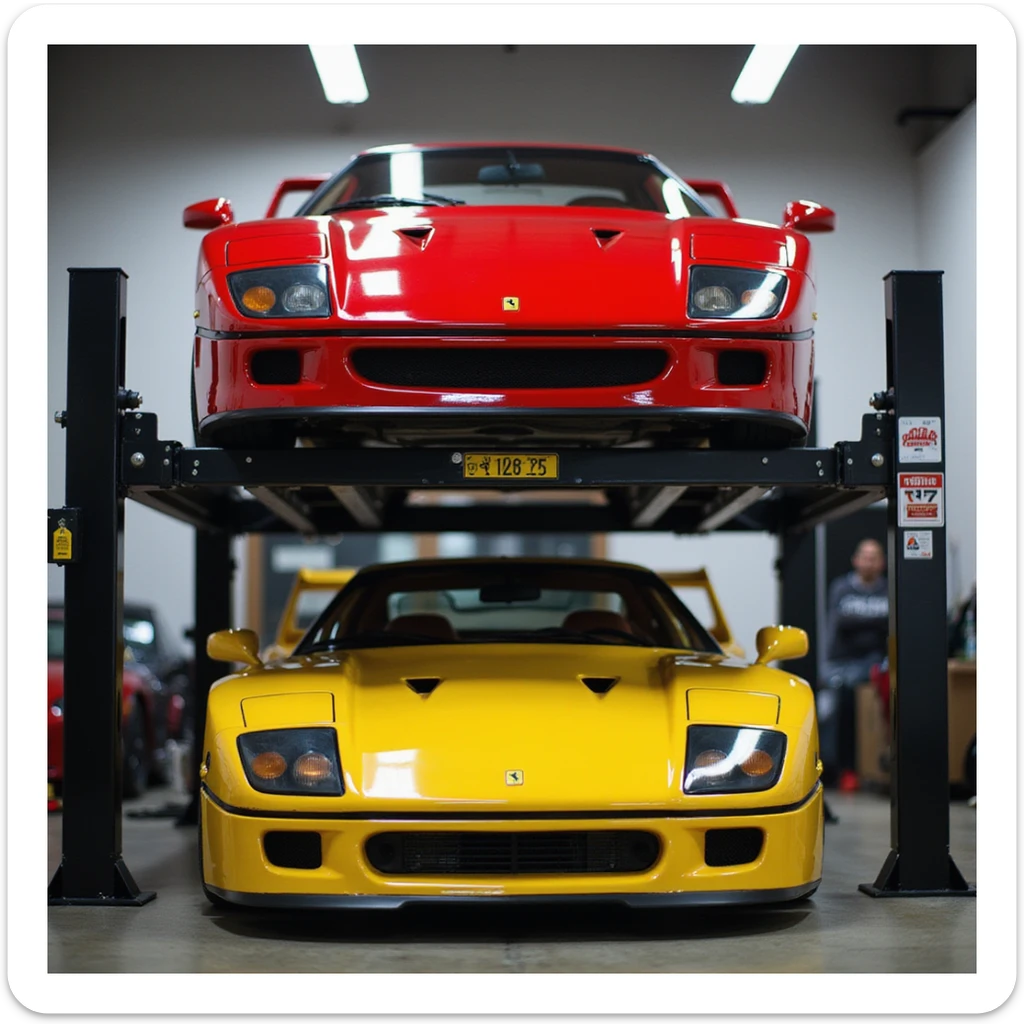 realistic front view of a Ferrari F40 on a car lift with a yellow Porsche GT3 RS below, sharp focus, transparent background sticker