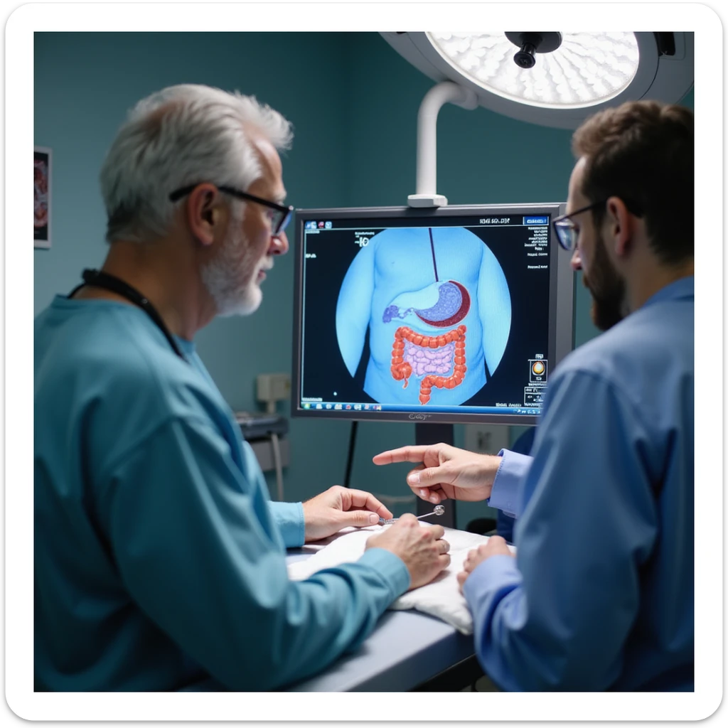realistic clinical scene of a 50-year-old man undergoing colonoscopy, monitor showing a 5mm polyp removed with a snare, doctor pointing to early cancerous changes, hospital environment sticker