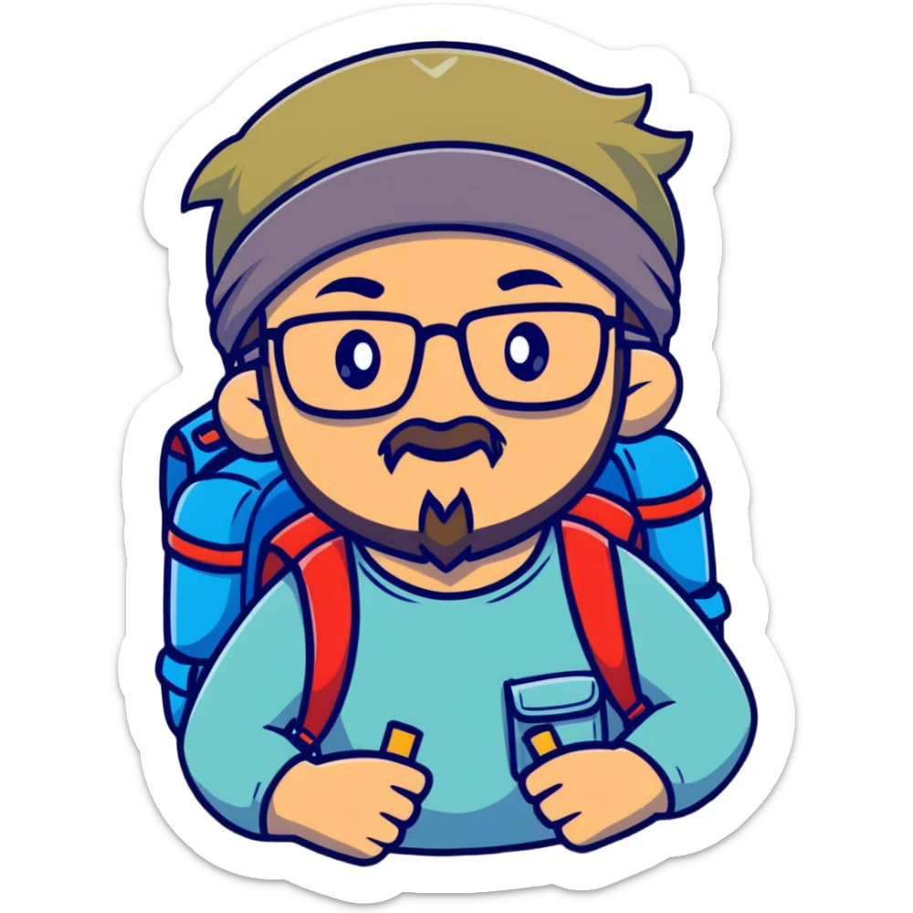 adventurer with goatee beard (no beard on cheeks), short hair, glasses, bandana on head and backpack sticker