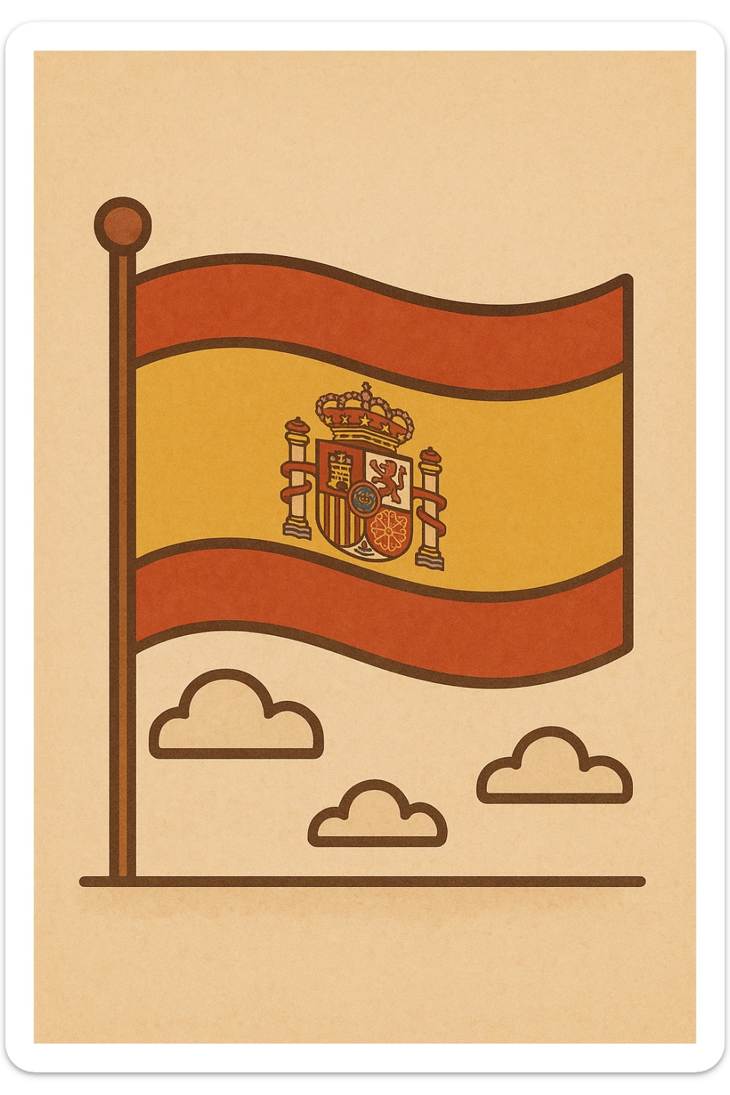 Add the Spanish coat of arms in the center of the flag, classic look with red and yellow stripes, flat style emphasizing warm colors and traditional design. sticker