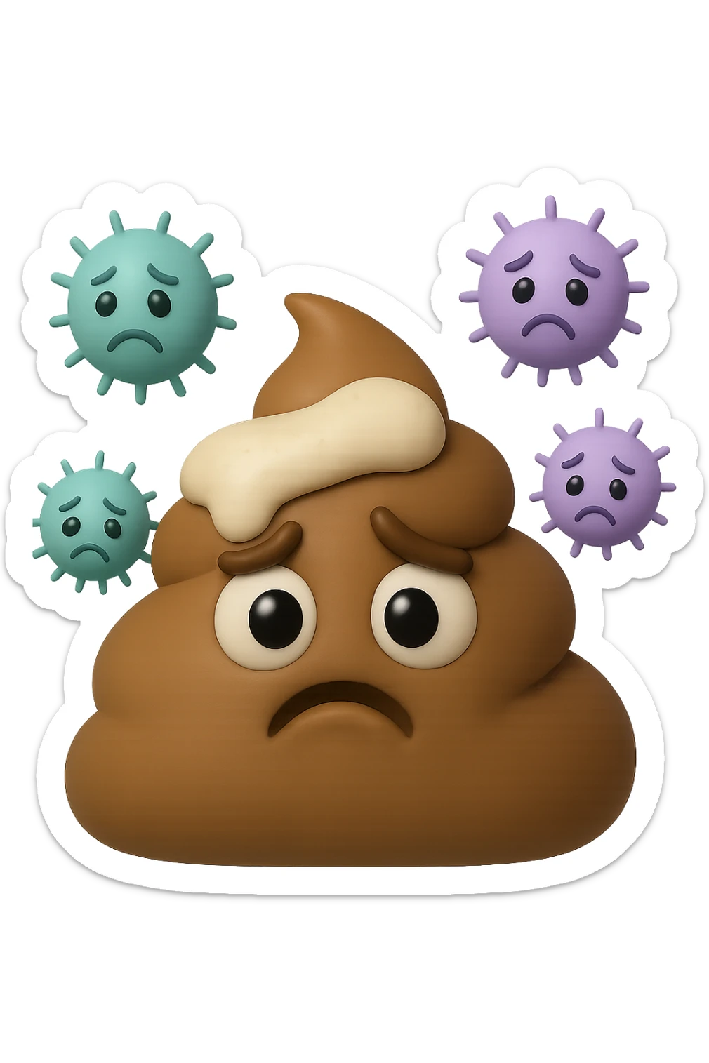 emoji stile iphone 3d di una cacca con muco bianco sopra, dietro cui fluttuano batteri intestinali tristi, iperrealistiche 4k sticker