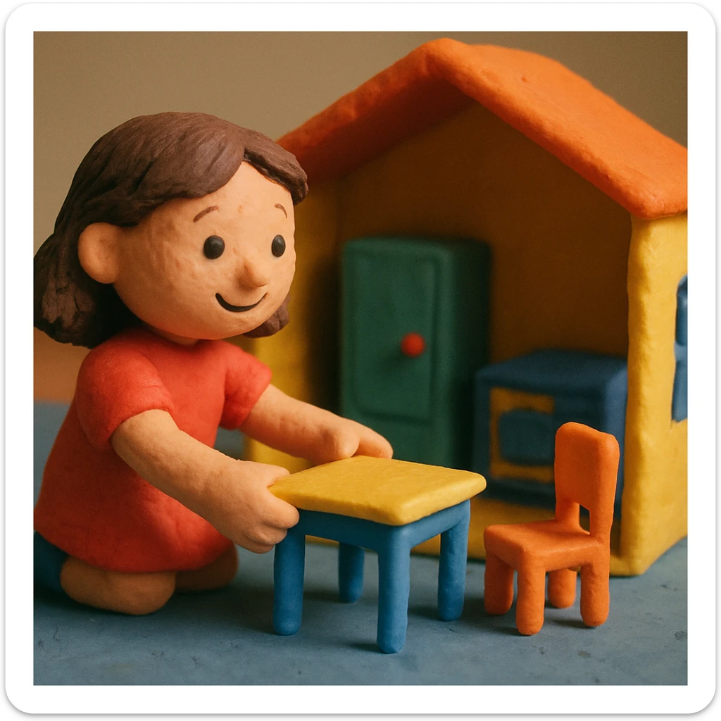 smiling girl arranging furniture in doll house sticker