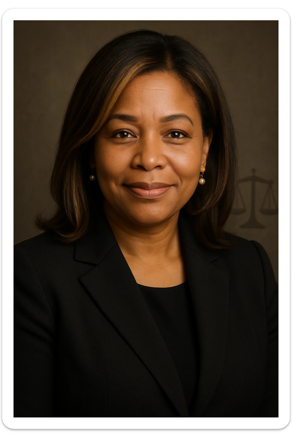 Black woman with blonde highlights and brunette hair, formal dark attire, expression of authority and warmth, light smile, confident gaze. Subtle justice symbol in the background. Maternal touch: delicate earrings or small pendant. sticker