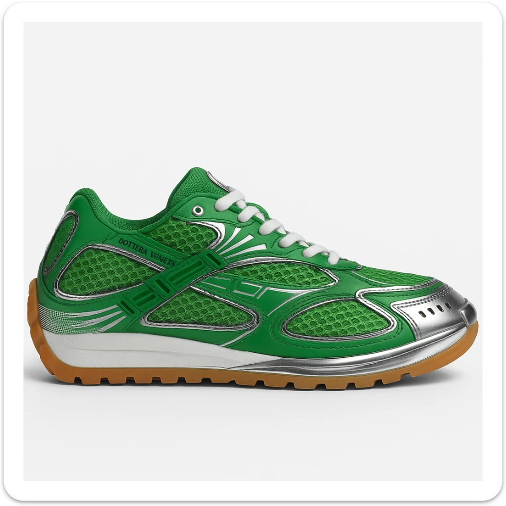 Recreate the Bottega Veneta Orbit sneaker in signature Bottega green, exact design, shown at a sideways angle like the reference image, realistic style with a clean background. sticker