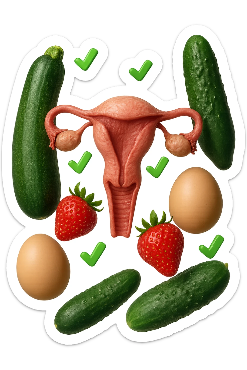 zucchine, cetrioli, fragole, uova fluttuano insieme ad un utero umano realistico anatomico e a piccole spunte verdi di "verificato" 3d, IPERREALISTICO 4K sticker