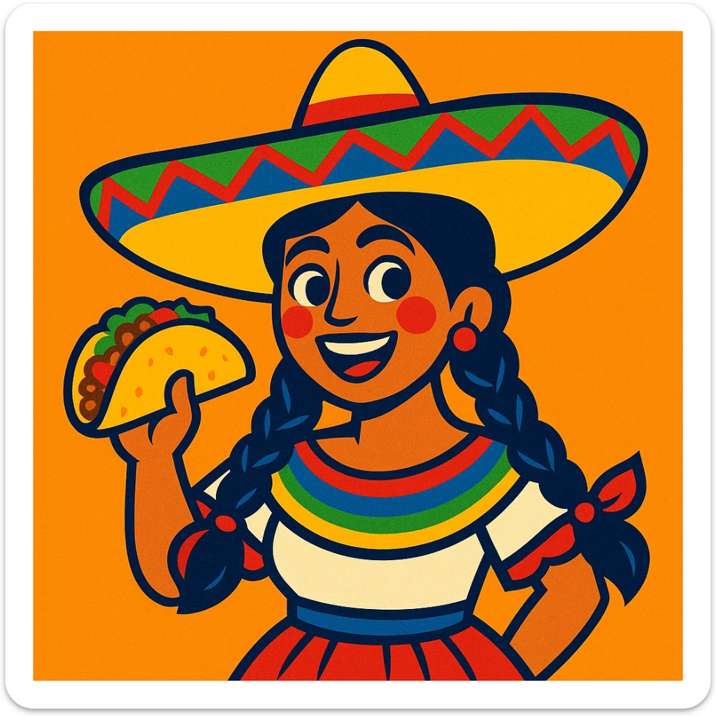 Mexican woman with braided hair, traditional clothing, sombrero, holding a taco, lively expression sticker