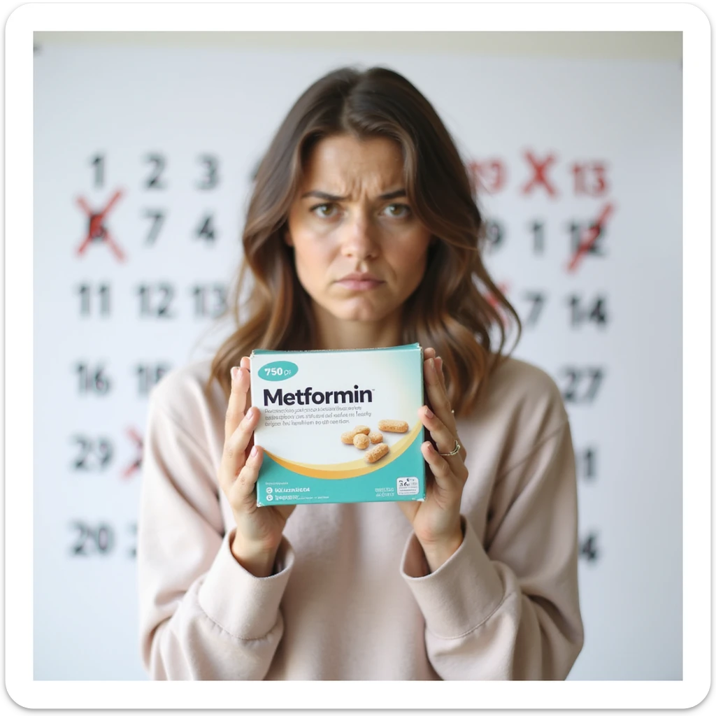 hyperrealistic 4K vertical 9:16 woman showing the Metformin box towards the camera, background with a calendar with crossed out days showing no changes, frustrated expression, white background sticker