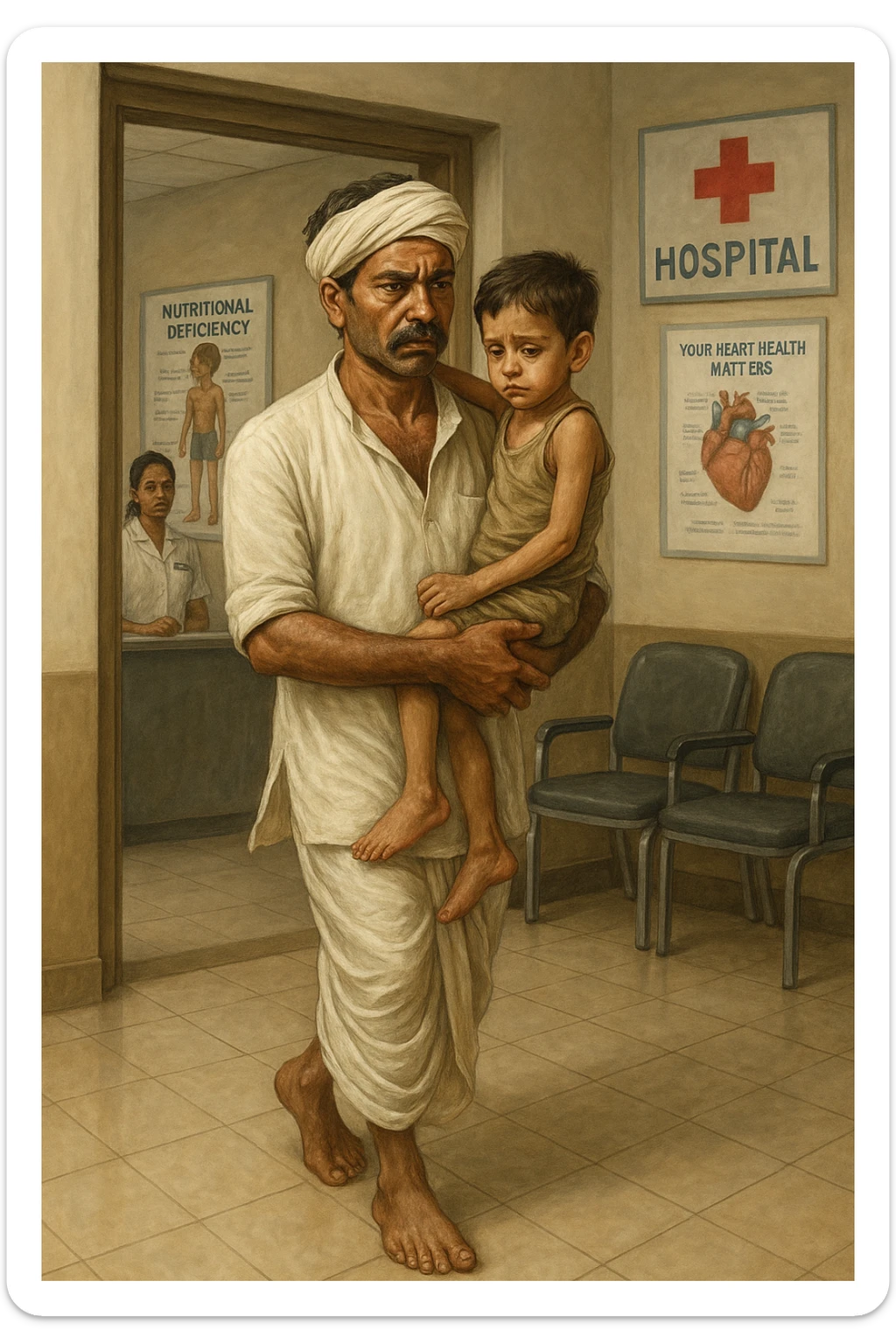 An Indian farmer in a white dhoti, carrying his 4-year-old child, entering a hospital for a checkup because of nutrient deficiency, worried look, hospital setting, detailed art sticker