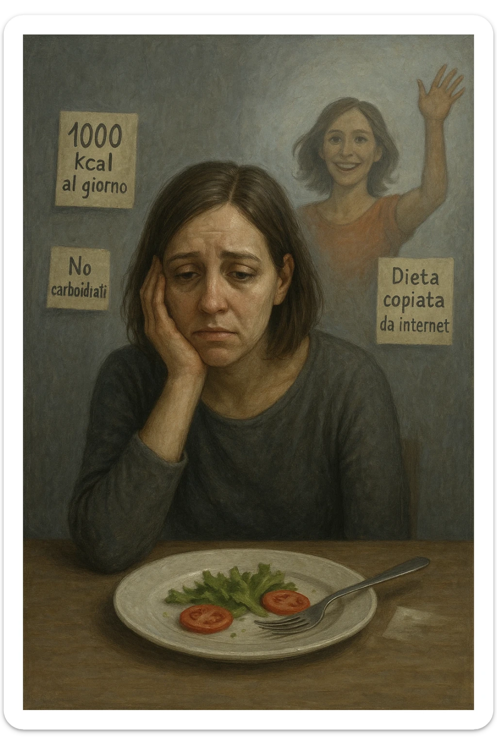 Donna tra i 30 e i 40 anni seduta a tavola, davanti a un piatto quasi vuoto con solo insalata e due fette di pomodoro. Il suo volto è visibilmente triste, stanco, con occhi spenti. Intorno a lei, foglietti attaccati con scritte come '1000 kcal al giorno', 'No carboidrati', 'Dieta copiata da internet'. L’atmosfera è fredda, grigia, priva di energia. Il suo corpo appare spento e scarico. Sullo sfondo, la sagoma di sé stessa più felice e piena di vitalità, come ricordo di un approccio migliore mai seguito. Stile realistico e simbolico sticker