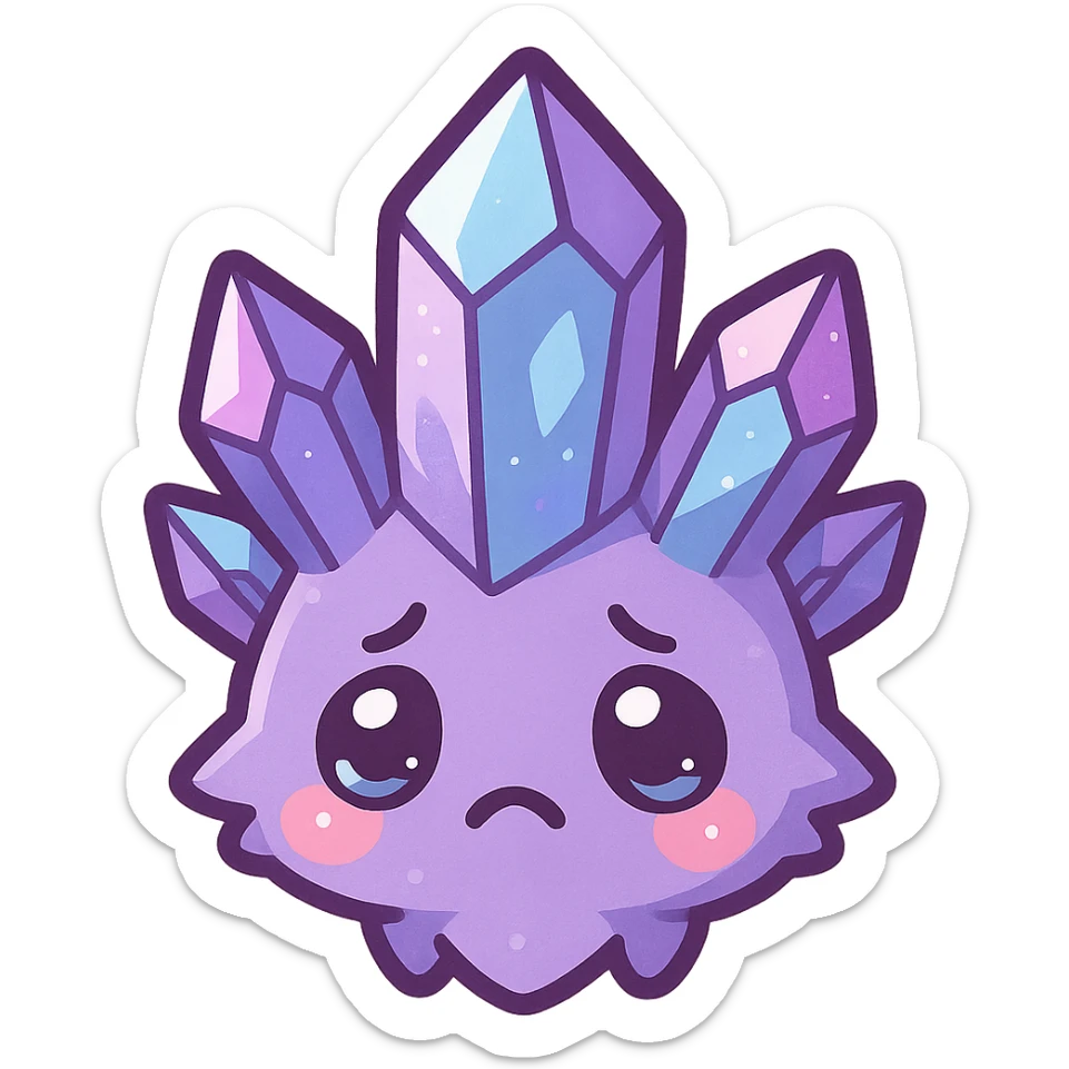 kawaii style emote of a crystal sprite creature, purple, blue, and pink, sad expression sticker