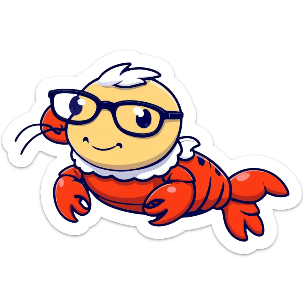 senior lobster with white hair and glasses, elderly lobster character with white eyebrows and whiskers, wearing round glasses sticker