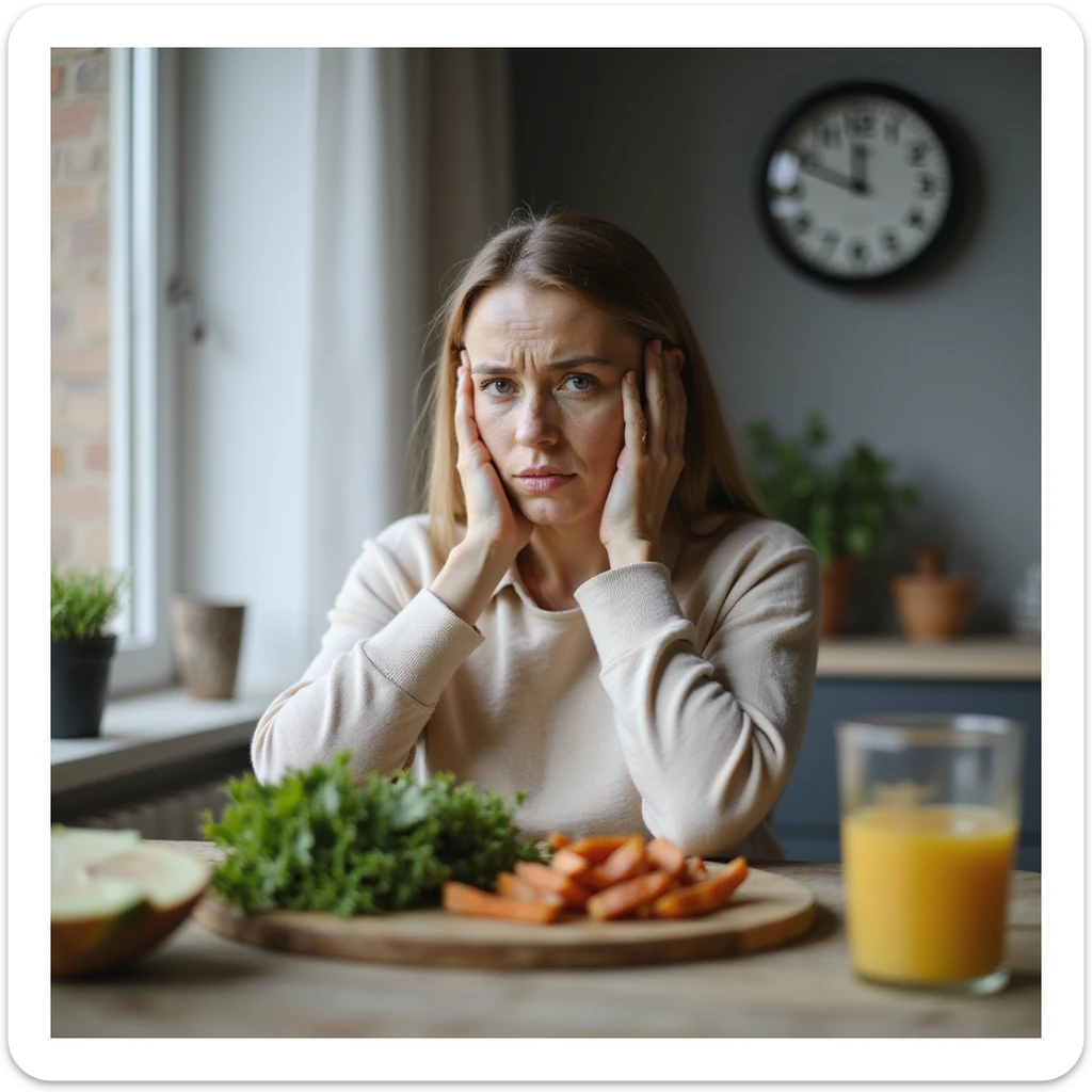 adult woman, photorealistic, diet stuck, sitting at table with healthy food, large clock in background indicating passing time, expression of waiting and frustration, natural light, kitchen background sticker