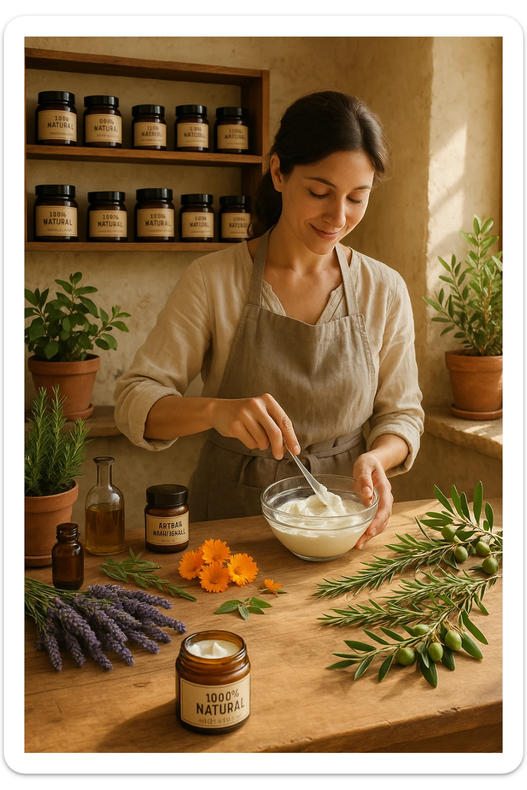A realistic, high-quality photo of a small artisan skincare laboratory in Italy, with wooden shelves displaying beautifully packaged glass jars of natural creams made with herbal and botanical extracts, olive oil, and essential oils, clearly labeled ‘100% Natural’ and ‘Artisan Made in Italy’. The scene includes a bright, sunlit rustic workspace with plants, fresh lavender, rosemary, calendula flowers, and olive branches on the wooden counter, symbolizing purity and nature. A female artisan in a linen apron is carefully mixing creams in a glass bowl, smiling softly. The environment feels warm, authentic, and eco-friendly, emphasizing the concept of handcrafted skincare without synthetic chemicals in italiano sticker