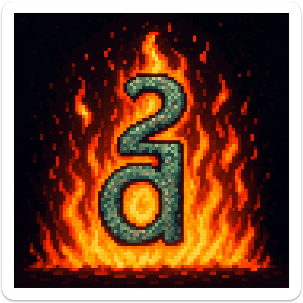 The number 2 with the letter D under it and fire, pixel art sticker