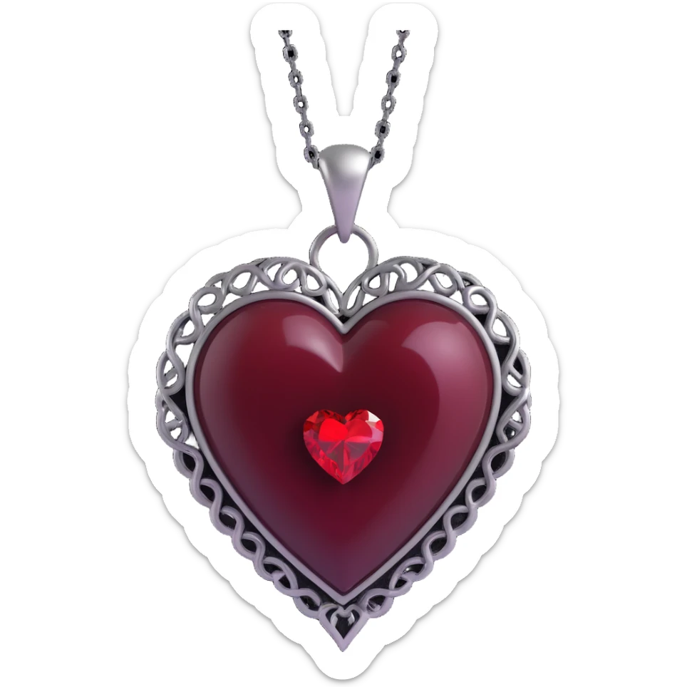 3D emoji gothic heart, black velvet texture, silver chain, blood red gemstone, ornate and dramatic style, smoky aura sticker