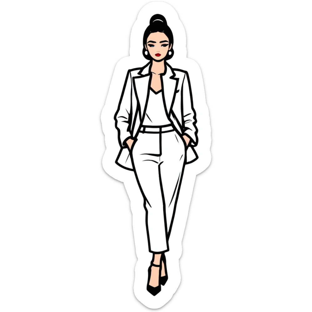 Glamorous European fashion model with perfect makeup, catwalk stance, trendy haute couture outfit sticker
