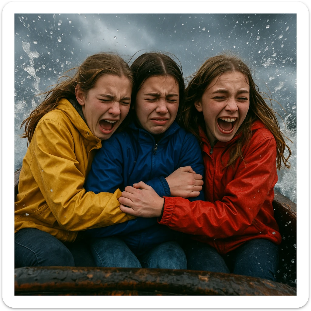three teenage girls on a log flume, holding onto each other, rain jackets, gloomy sky, water droplets everywhere, cold weather mood sticker