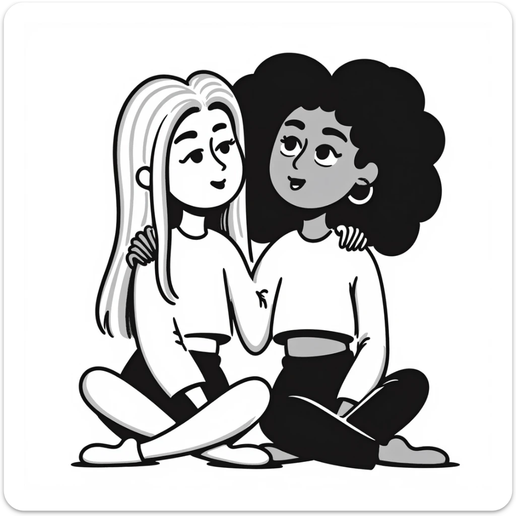 Full body of two teenage girls sitting together as friends, one white with straight blonde hair and one brown-skinned with curly black hair, both with heavy makeup, big lips, tight crop tops, hoop earrings, choni style urban clothing sticker