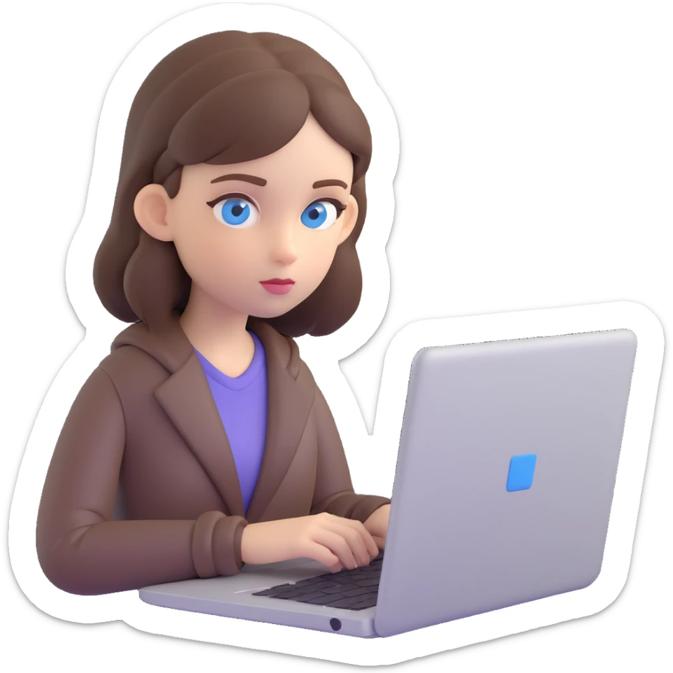 girl with blue eyes and brown hair, focused on her laptop, white skin, modern workspace sticker