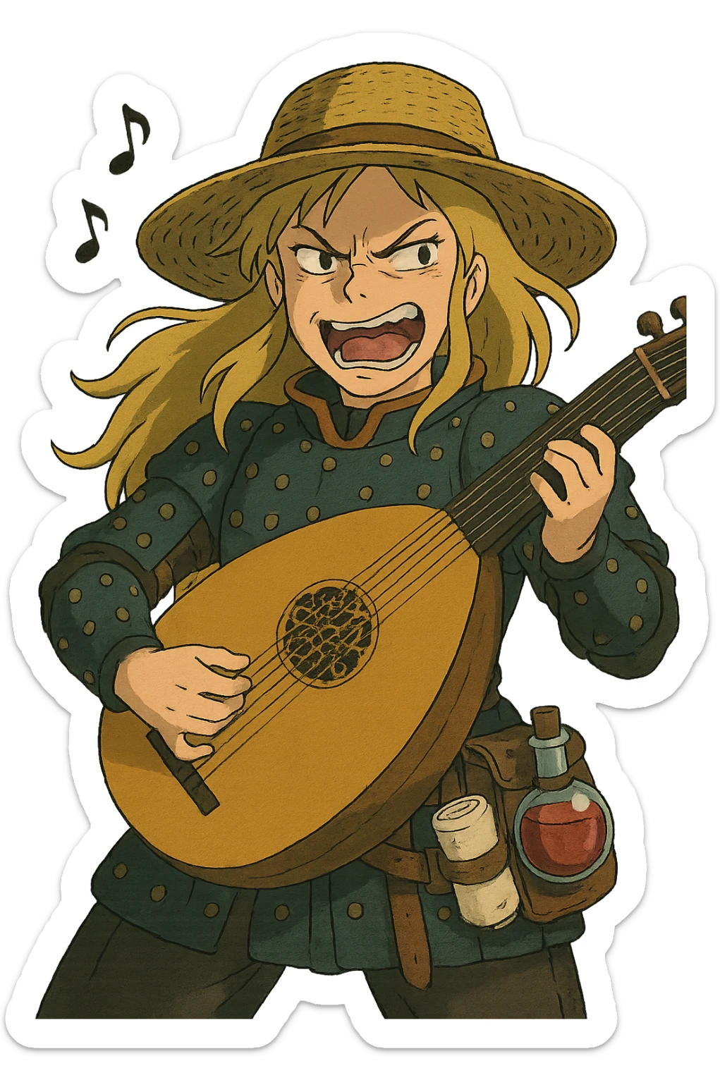A female bard , blond hair, wearing brigandine armor with a sturdy straw hat, playing a fat medieval lute and singing, night time shadows, tool belt with red potion and bandages, mischievous grin, anger sticker