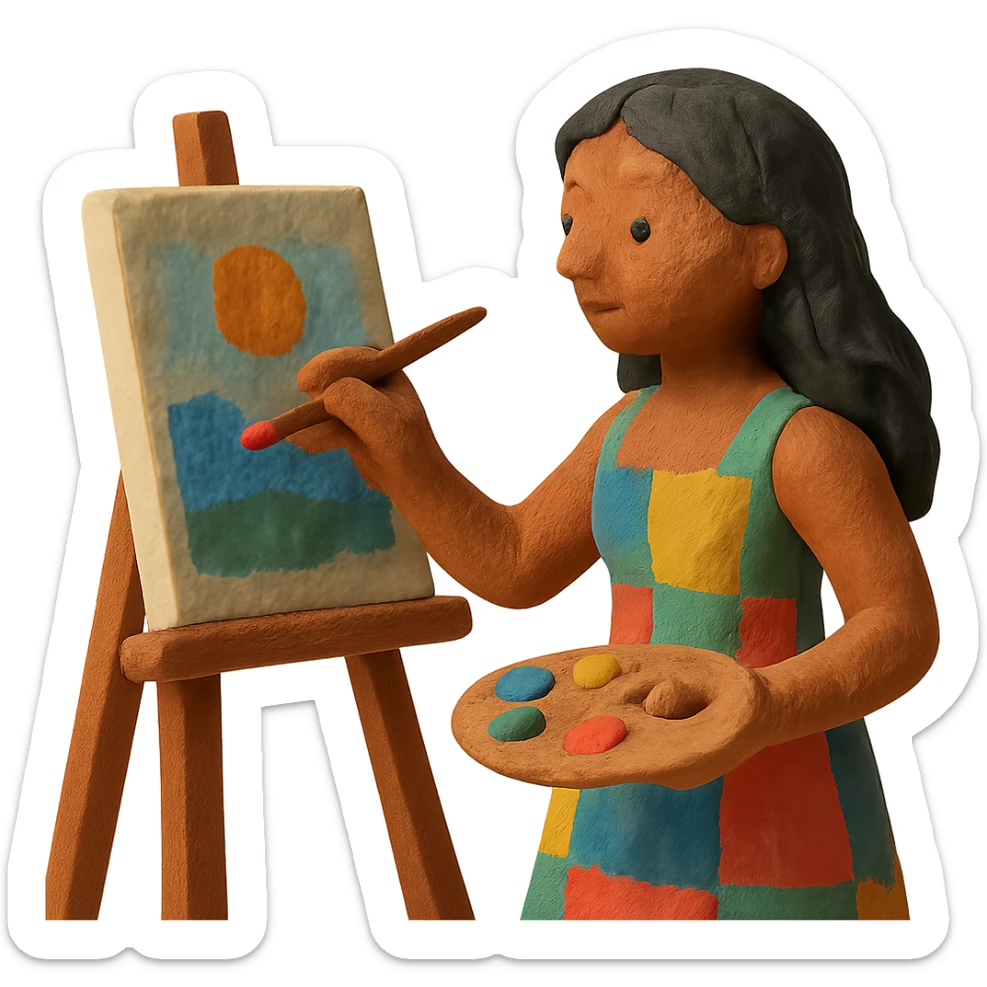 tanned woman artist with long black hair, wearing a colorful dress, painting at an easel, holding a palette and brush, claymation style sticker