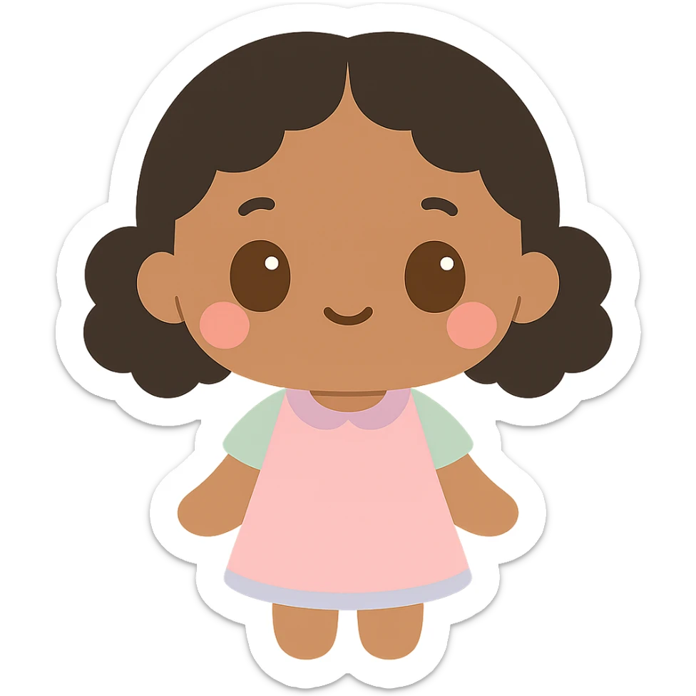 kawaii style illustration of a brown-skinned girl with short black curly hair parted in the middle, brown eyes sticker