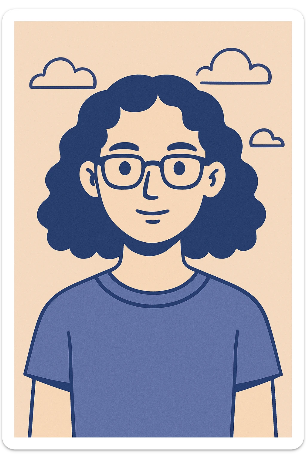 fille aux cheveux bouclés blonds foncé, lunettes noires, yeux marrons, style flat color sticker