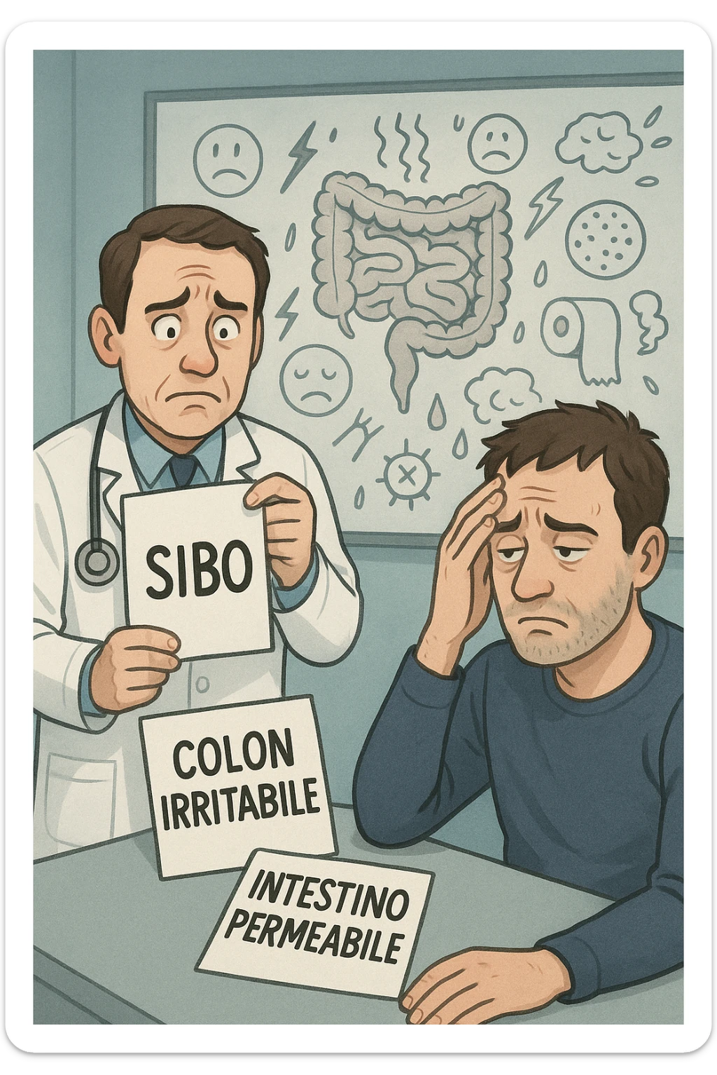Scena clinica con un medico confuso in camice bianco davanti a un paziente seduto. Il medico ha tre fogli in mano, e li mostra uno alla volta con espressione incerta: il primo dice 'SIBO', il secondo 'Colon Irritabile', il terzo 'Intestino Permeabile'. Il paziente ha un’espressione confusa e scoraggiata, con una mano sulla fronte. Sullo sfondo una lavagna caotica con disegni di intestino e sintomi ovunque. Stile realistico con tocchi ironici, toni freddi da ambulatorio ma con un messaggio visivo forte di incertezza diagnostica. in italiano sticker