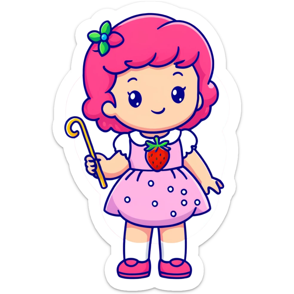 little girl in a strawberry shortcake dress, holding a candy wand, pastel background sticker