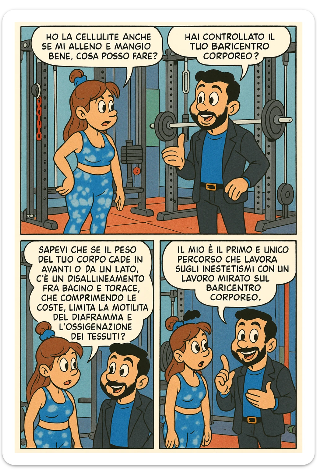 TRASFORMA QUESTO CAROSELLO IN UN FUMETTO STILE TOPOLINO CON QUESTE DUE PERSONE IDENTICHE CHE INTERLOQUISCONO TRA LORO:

LEI: Ho la cellulite anche se mi alleno e mangio bene, cosa posso fare?

LUI: Hai controllato il tuo baricentro corporeo?
LUI: Sapevi che se il peso del tuo corpo cade in avanti o da un lato, c’è un disallineamento fra bacino e torace, che comprimendo le coste, limita la motilità del diaframma e l’ossigenazione dei tessuti?
LUI: Il mio è il primo e unico percorso che lavora sugli inestetismi con un lavoro mirato sul baricentro corporeo. sticker