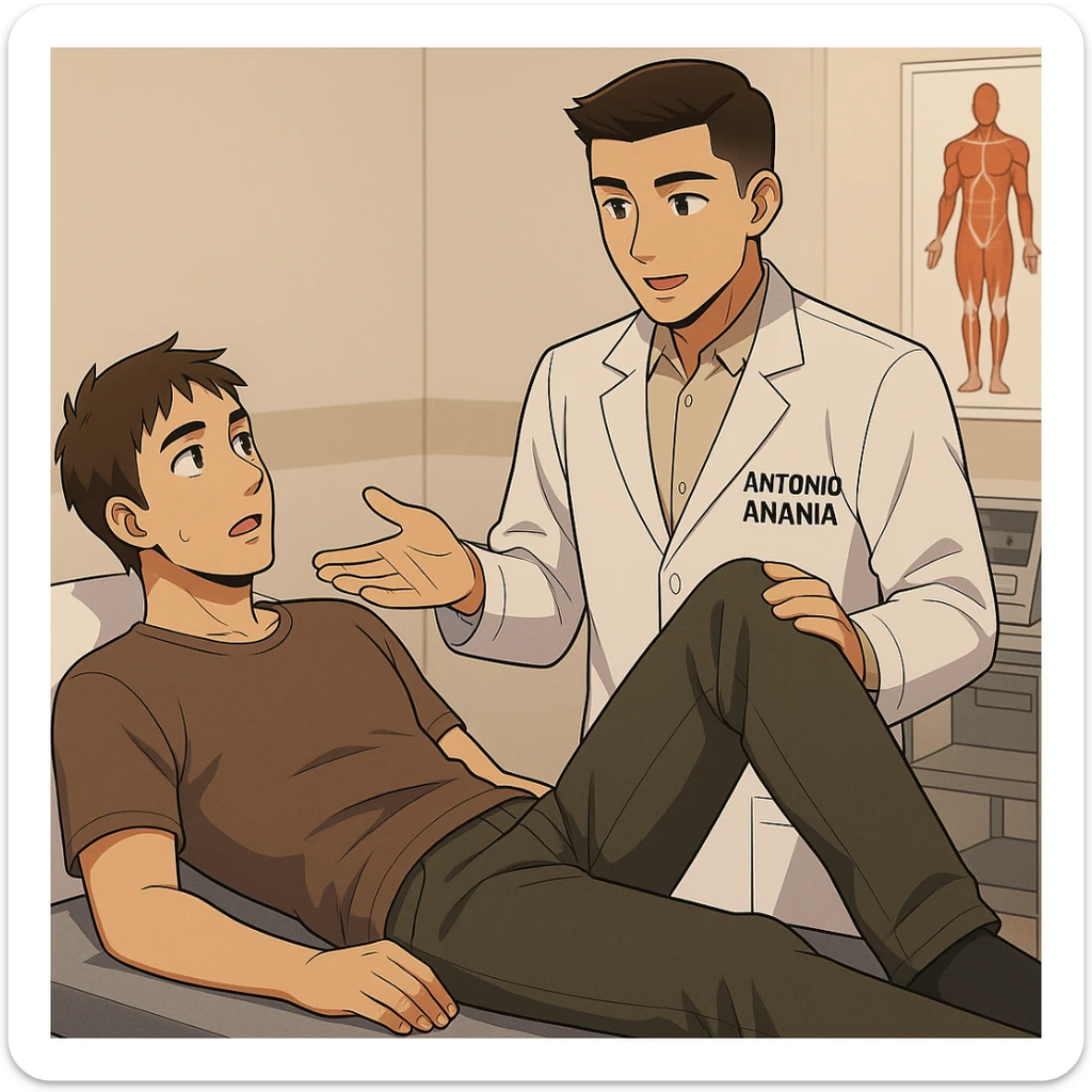 fai un webtoon manga a colori con questo stile, in cui un uomo è steso sul lettino medico e il kinesiologo con il camice bianco (fagli anche la scritta "ANTONIO ANANIA" SUL CAMICE, gli solleva una gamba per fargli il test neuromuscolare, IL KINESIOLOGO SPIEGA ALL'UOMO UNA cosa mentre gli alza la gamba. non fare i fumetti però, fai solo in modo che sembri stiano parlando sticker