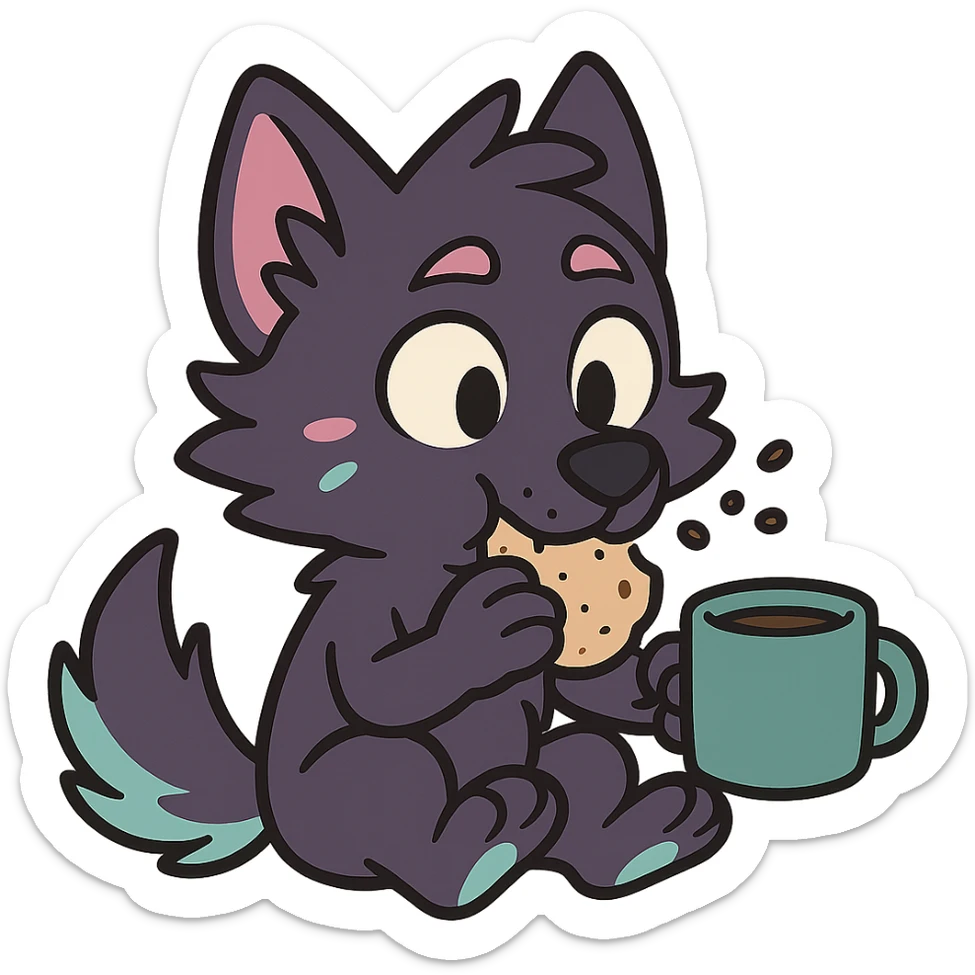 cute wolf pup with dark purple fur, neon mauve and neon teal highlights, munching food, drinking coffee from a mug, comic style sticker